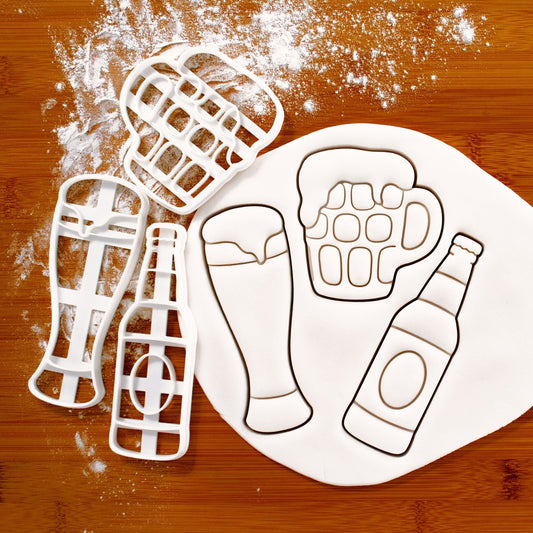 beer bottle, weizen glass, and dimpled glass cookie cutters